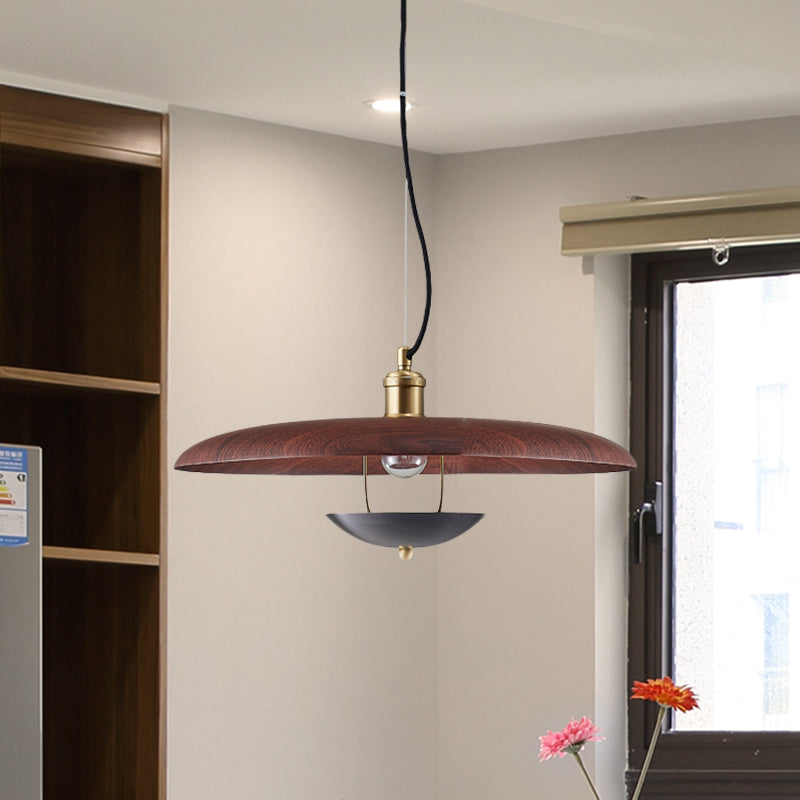 Antiqued Flat Hanging Light - 1-Bulb Metal Ceiling Lamp in Red/Gold with Adjustable Cord
