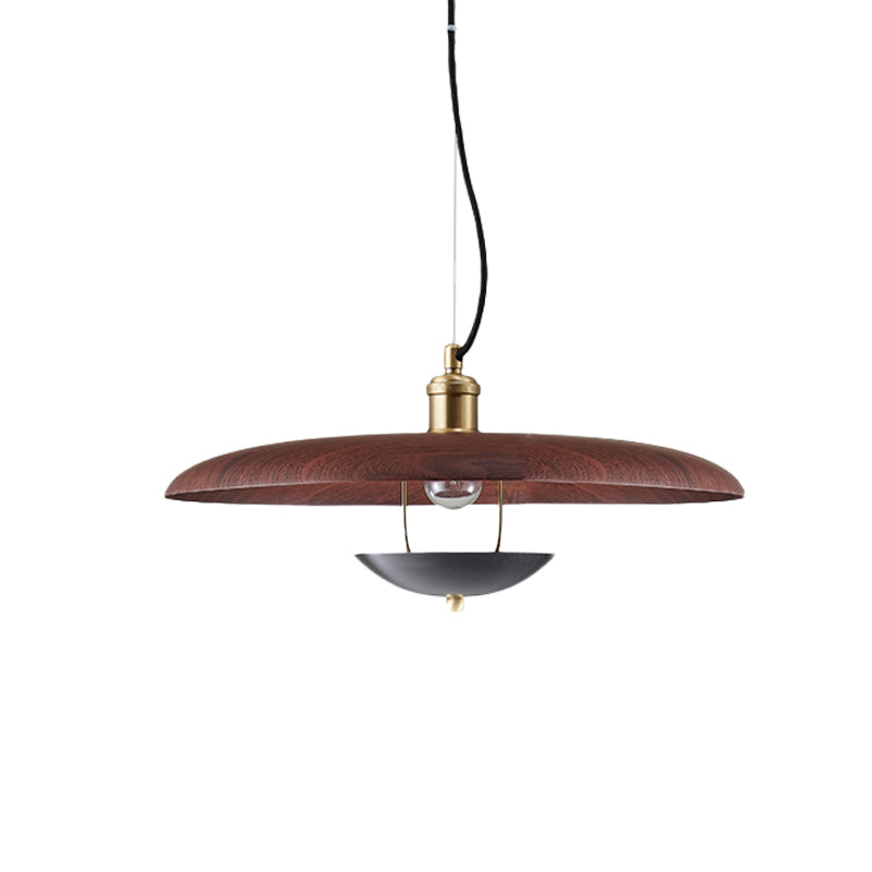 Antiqued Flat Hanging Light - 1-Bulb Metal Ceiling Lamp in Red/Gold with Adjustable Cord