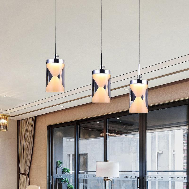 Modern Acrylic Hourglass LED Pendant Lamp - Chrome Cluster with 3 Bulbs - Warm/White Light