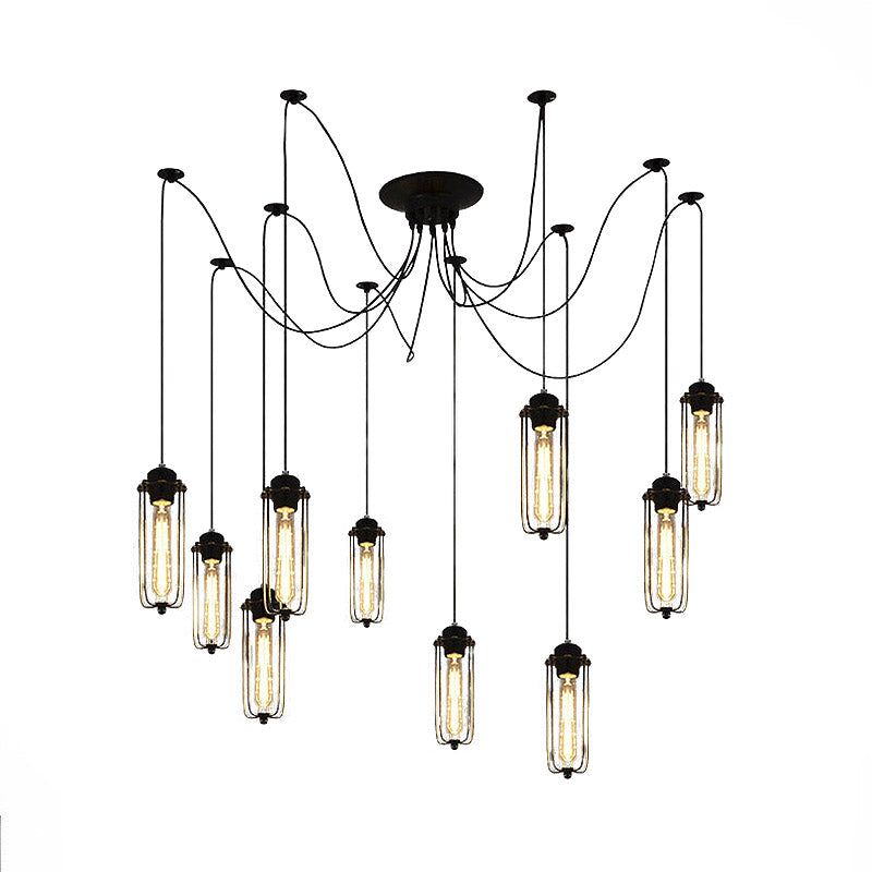 Vintage Swag Pendant Light with Adjustable 10-Head Metal Cage Shade - Black Hanging Lamp for Dining Room