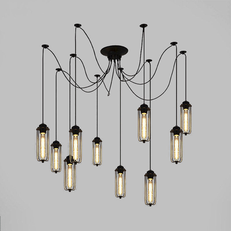 Vintage Swag Pendant Light with Adjustable 10-Head Metal Cage Shade - Black Hanging Lamp for Dining Room