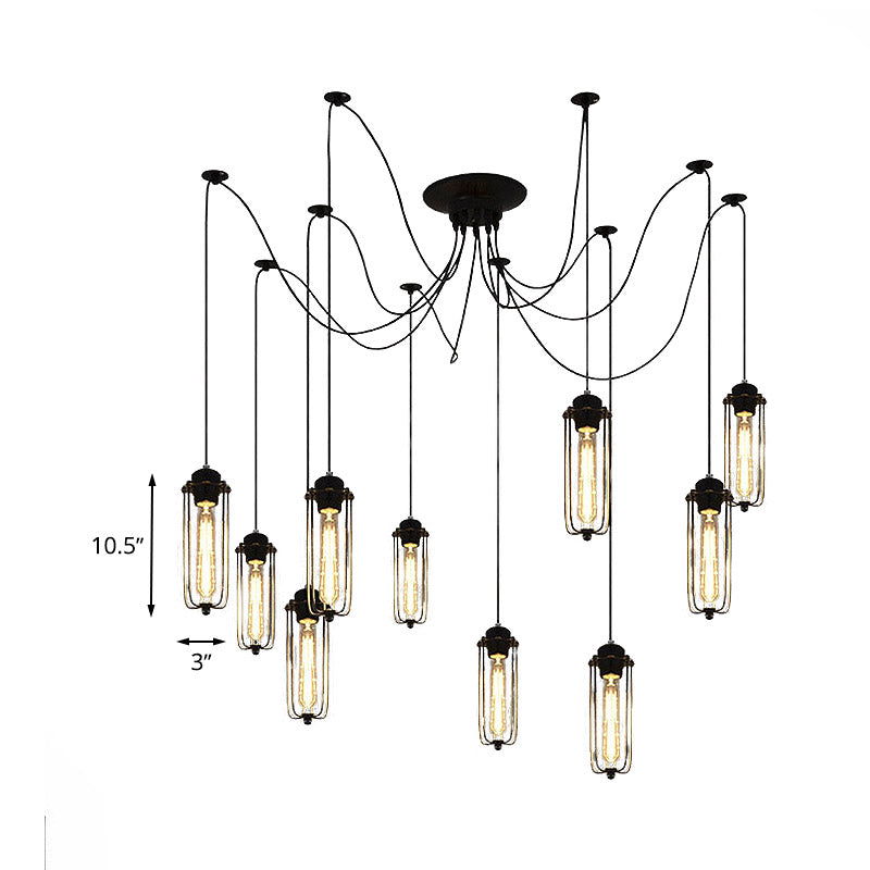 Vintage Swag Pendant Light with Adjustable 10-Head Metal Cage Shade - Black Hanging Lamp for Dining Room