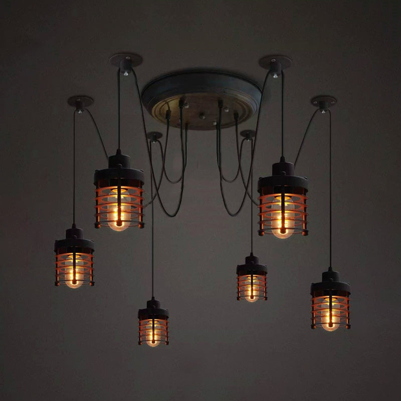 Plafonnier en fer noir à 6 lampes de style campagnard avec abat-jour cylindrique en forme de cage et motif araignée