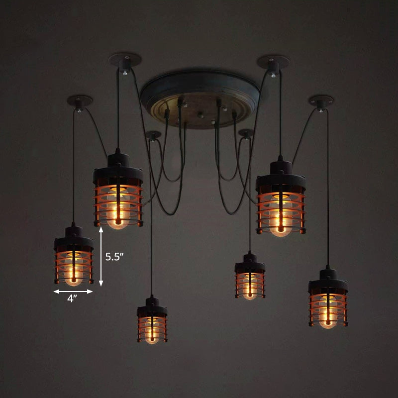 Plafonnier en fer noir à 6 lampes de style campagnard avec abat-jour cylindrique en forme de cage et motif araignée