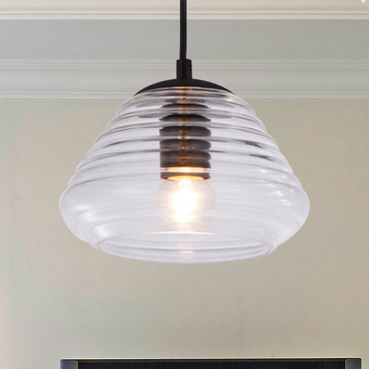 Modernist Glass Pendant Light Fixture - Bowl/Cylindrical/Saucer Shape - Clear/Amber Ruffle - Black Hanging Lamp