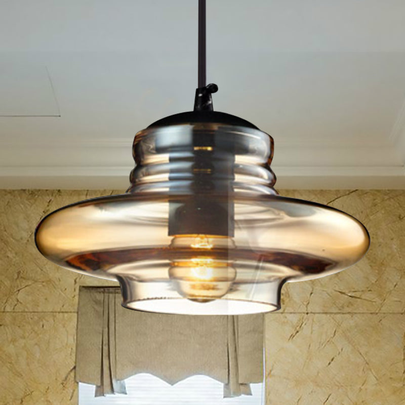 Luminaire suspendu en verre moderniste - Forme de bol/cylindrique/soucoupe - Volant transparent/ambre - Lampe suspendue noire