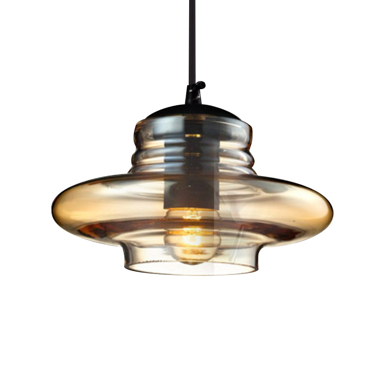Luminaire suspendu en verre moderniste - Forme de bol/cylindrique/soucoupe - Volant transparent/ambre - Lampe suspendue noire