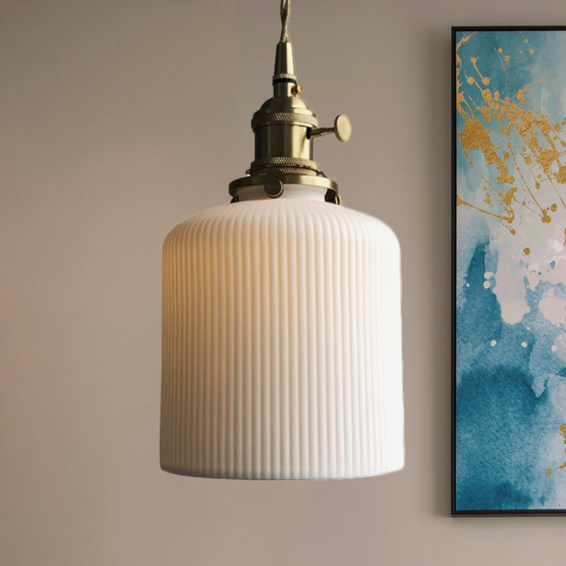 Ivory Ribbed Glass Pendant Lamp - Modern Dining Room Hanging Light