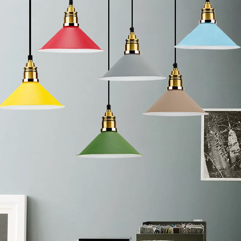 Contemporary Metal Pendant Light with Adjustable Cord - Yellow/Blue/Green Tapered Shade - Ideal for Living Room - 1 Bulb Hanging Light
