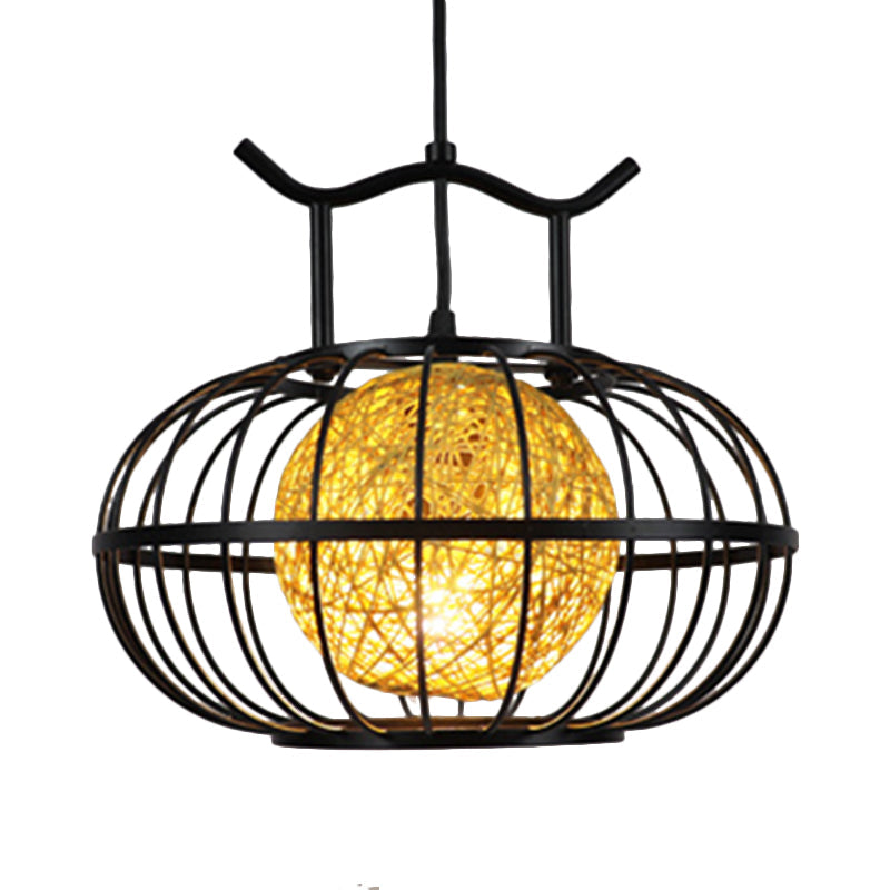 Metal Pumpkin Cage Hanging Pendant Light with Inner Rattan Ball Shade - Asian Style Suspension Lamp (Red/Yellow)