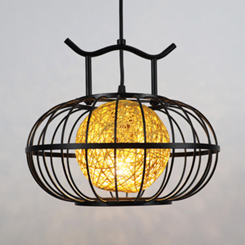 Metal Pumpkin Cage Hanging Pendant Light with Inner Rattan Ball Shade - Asian Style Suspension Lamp (Red/Yellow)