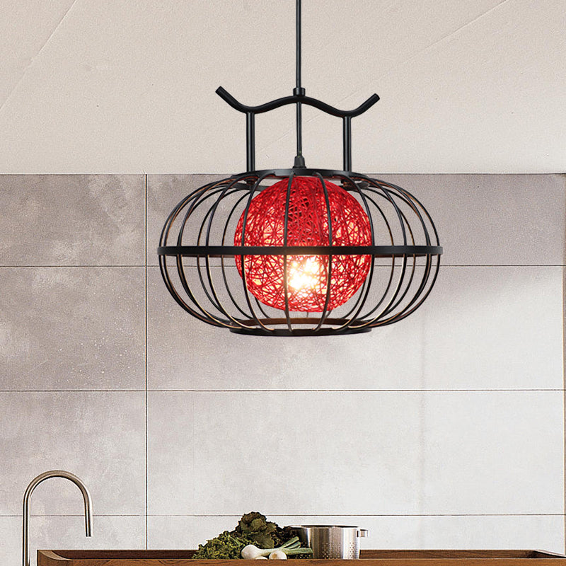 Metal Pumpkin Cage Hanging Pendant Light with Inner Rattan Ball Shade - Asian Style Suspension Lamp (Red/Yellow)