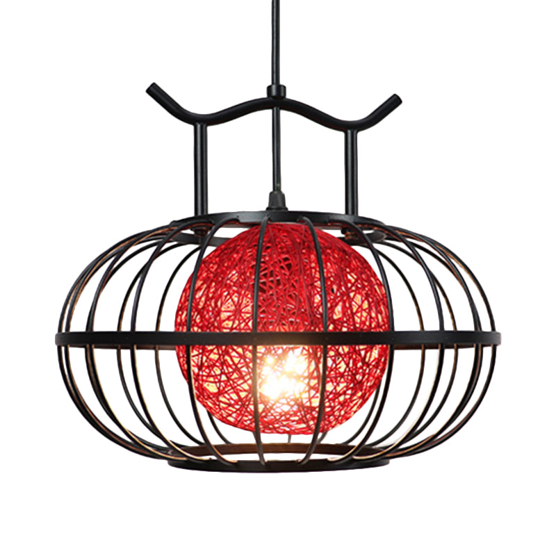 Metal Pumpkin Cage Hanging Pendant Light With Rattan Ball Shade - Asian Style Suspension Lamp