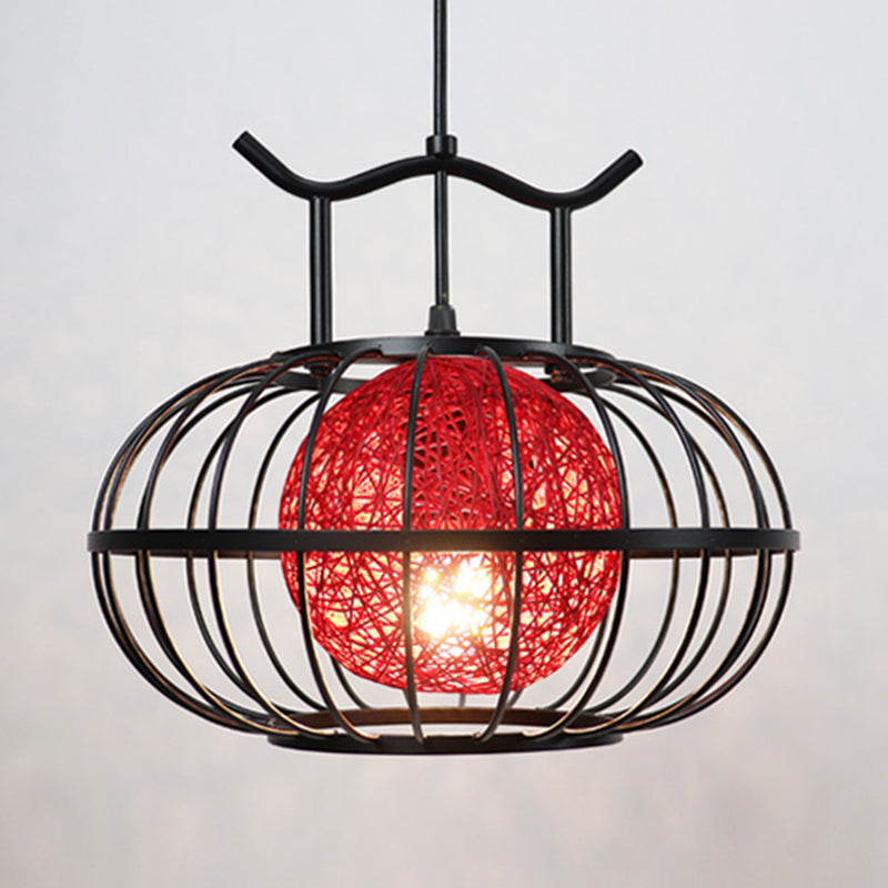 Metal Pumpkin Cage Hanging Pendant Light With Rattan Ball Shade - Asian Style Suspension Lamp