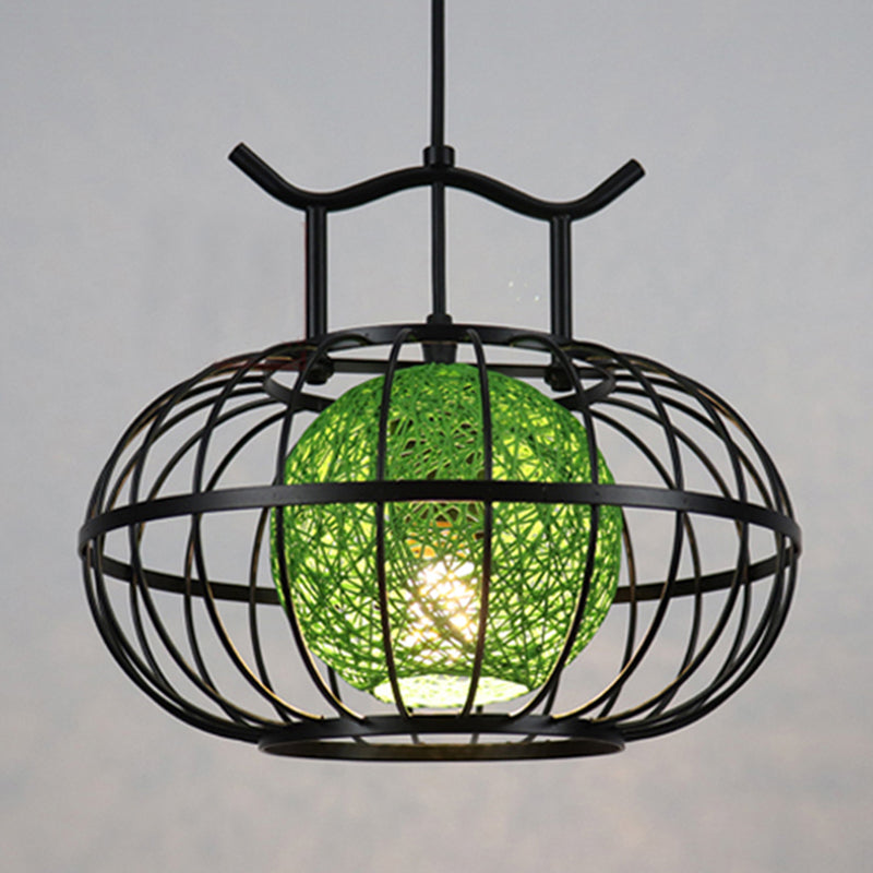 Metal Pumpkin Cage Hanging Pendant Light with Inner Rattan Ball Shade - Asian Style Suspension Lamp (Red/Yellow)