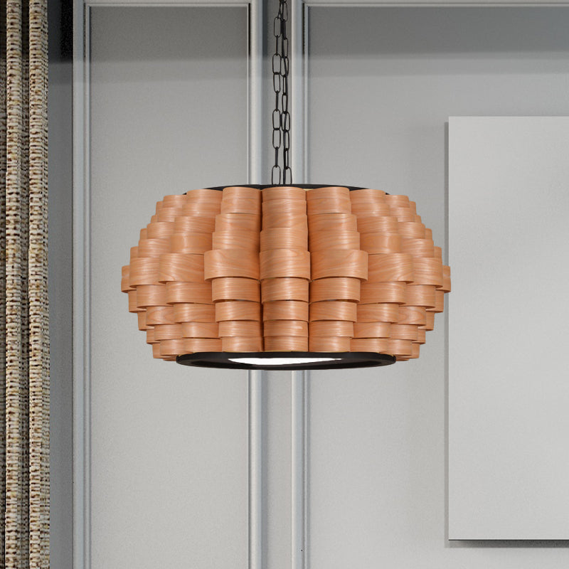 Chinese Wood Barrel Pendant Light With Single Veneer Shade - Perfect For Dining Room Available In 3