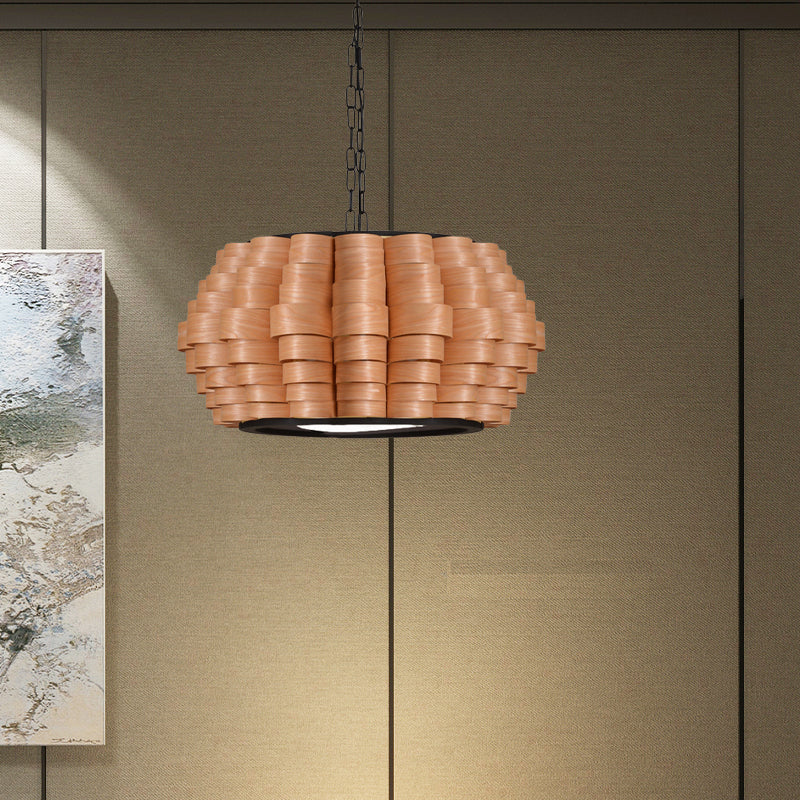 Chinese Wood Barrel Pendant Light With Single Veneer Shade - Perfect For Dining Room Available In 3