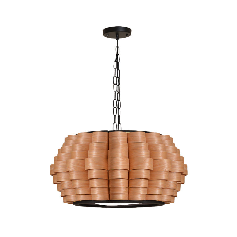 Chinese Single Light Veneer Pendant Lamp - Wide Wood Barrel Shade Hanging Light for Dining Room (16"/19.5"/23.5")