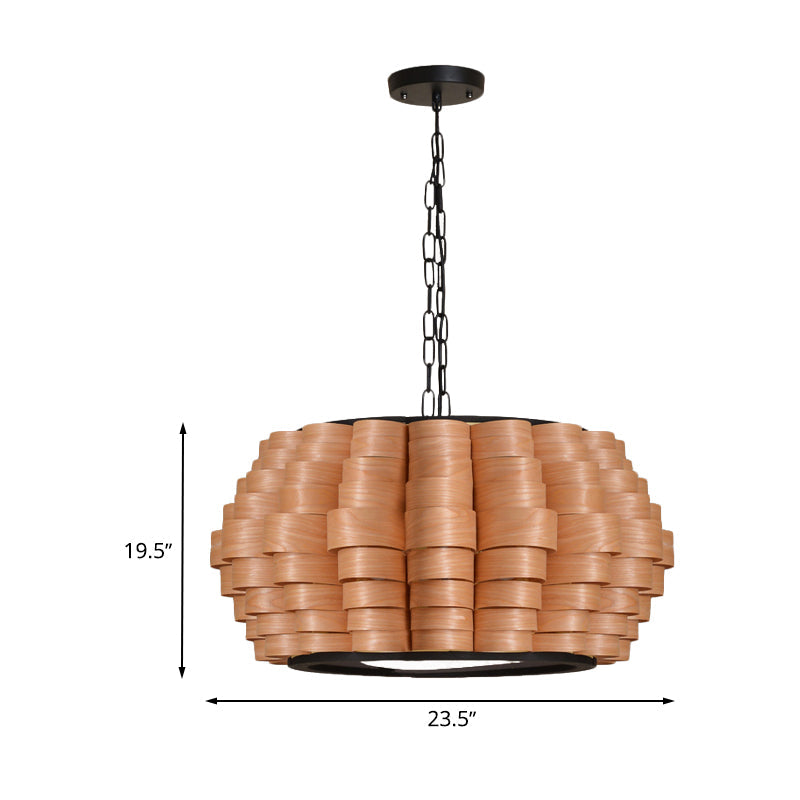 Chinese Single Light Veneer Pendant Lamp - Wide Wood Barrel Shade Hanging Light for Dining Room (16"/19.5"/23.5")