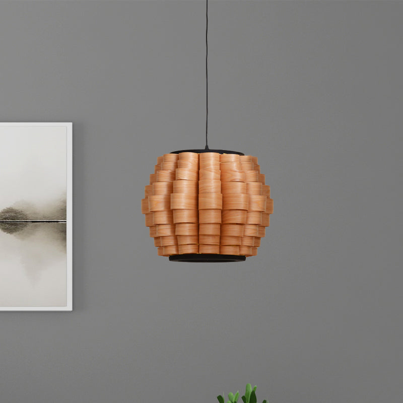 Chinese Wood Barrel Pendant Light With Single Veneer Shade - Perfect For Dining Room Available In 3