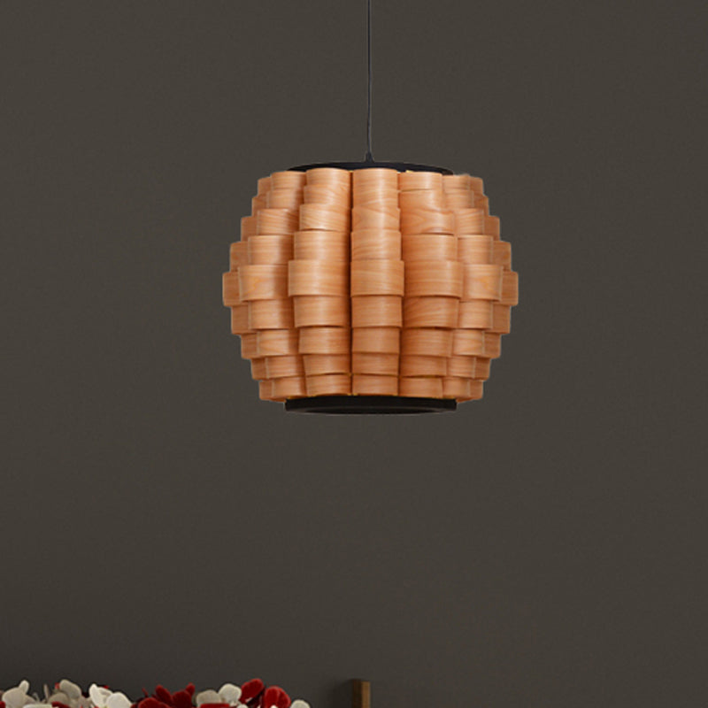 Chinese Wood Barrel Pendant Light With Single Veneer Shade - Perfect For Dining Room Available In 3