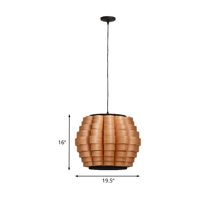 Chinese Wood Barrel Pendant Light With Single Veneer Shade - Perfect For Dining Room Available In 3