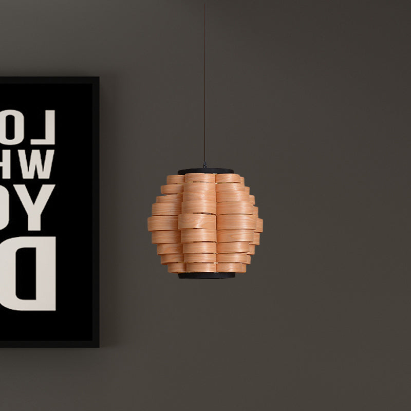 Chinese Single Light Veneer Pendant Lamp - Wide Wood Barrel Shade Hanging Light for Dining Room (16"/19.5"/23.5")
