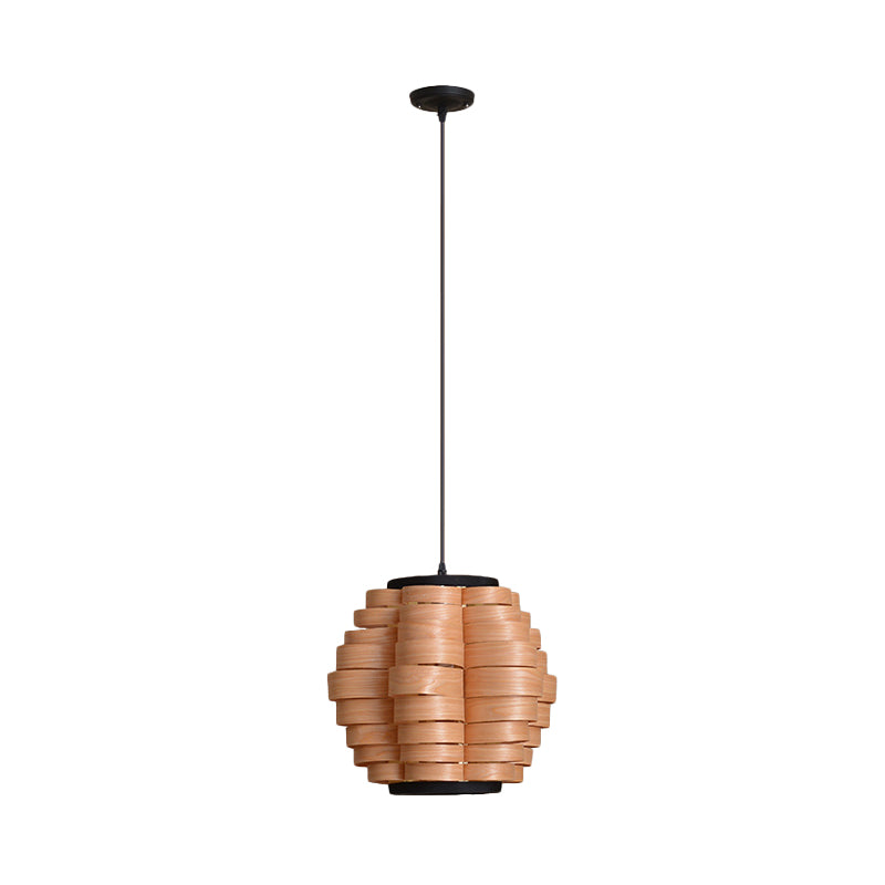 Chinese Single Light Veneer Pendant Lamp - Wide Wood Barrel Shade Hanging Light for Dining Room (16"/19.5"/23.5")