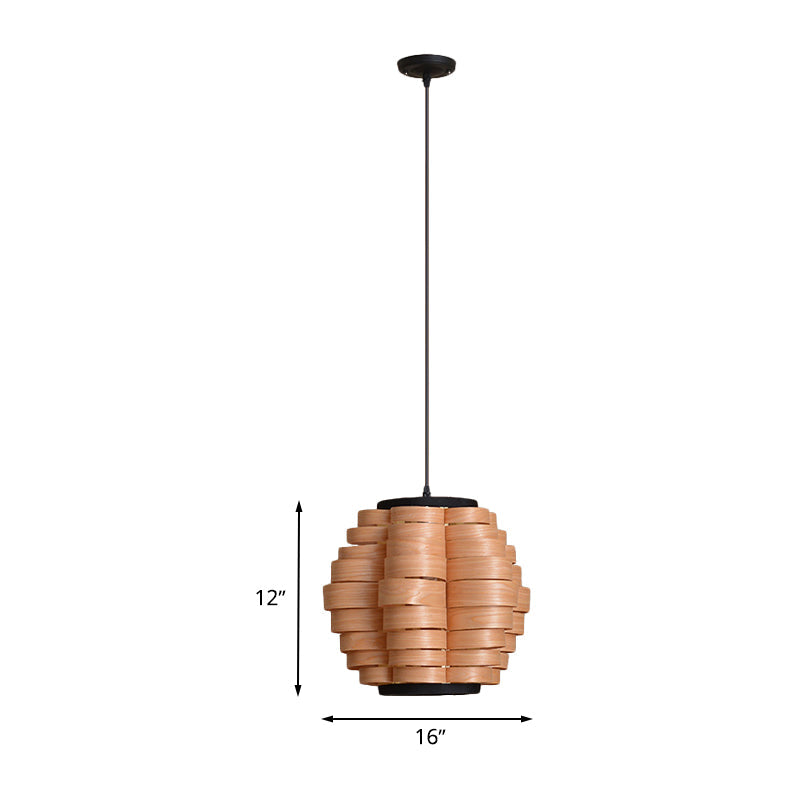 Chinese Single Light Veneer Pendant Lamp - Wide Wood Barrel Shade Hanging Light for Dining Room (16"/19.5"/23.5")