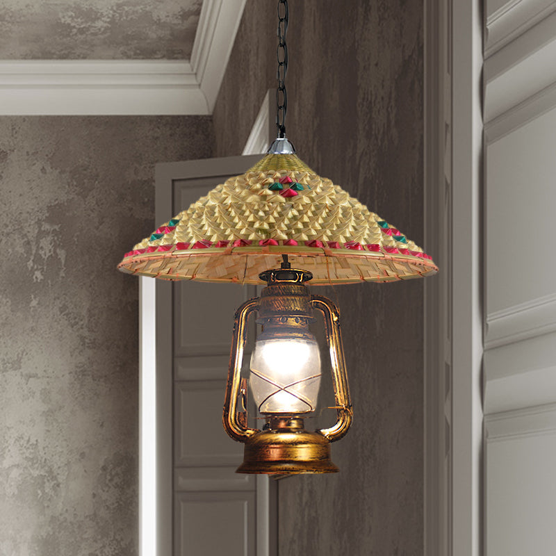 Rattan 1-Head Pendant Light with Lantern Shade | South-East Asia Hat Shaped | Indoor Hanging Lamp | Beige | 15"/16.5" Width