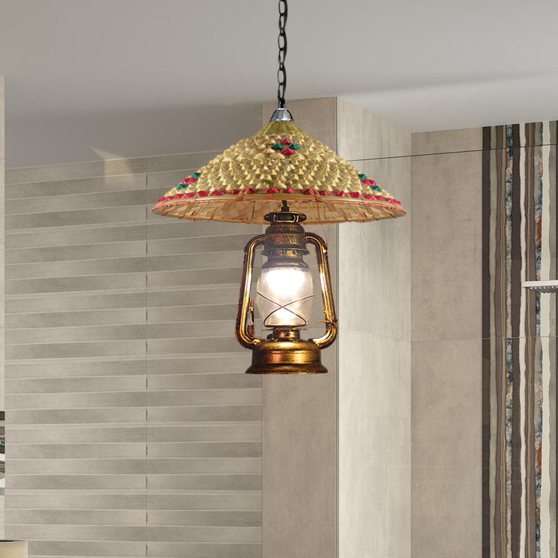 Rattan 1-Head Pendant Light with Lantern Shade | South-East Asia Hat Shaped | Indoor Hanging Lamp | Beige | 15"/16.5" Width