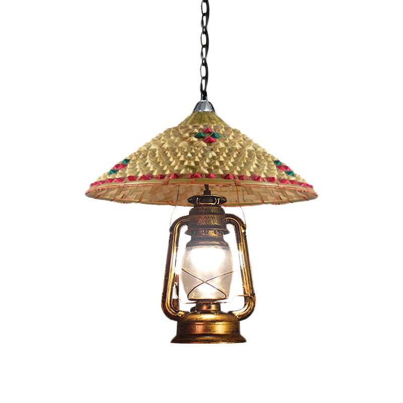 Rattan 1-Head Pendant Light with Lantern Shade | South-East Asia Hat Shaped | Indoor Hanging Lamp | Beige | 15"/16.5" Width