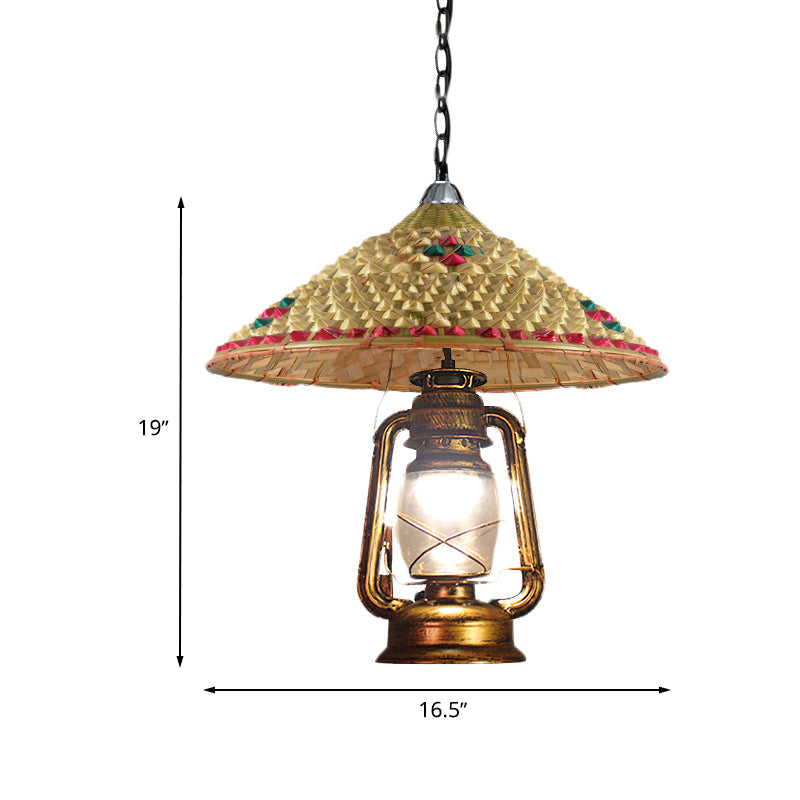Rattan 1-Head Pendant Light with Lantern Shade | South-East Asia Hat Shaped | Indoor Hanging Lamp | Beige | 15"/16.5" Width