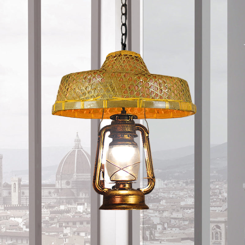 Rattan 1-Head Pendant Light with Lantern Shade | South-East Asia Hat Shaped | Indoor Hanging Lamp | Beige | 15"/16.5" Width
