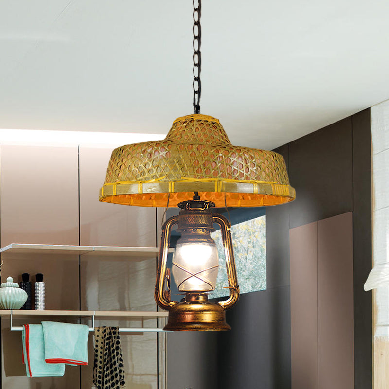Rattan 1-Head Pendant Light with Lantern Shade | South-East Asia Hat Shaped | Indoor Hanging Lamp | Beige | 15"/16.5" Width