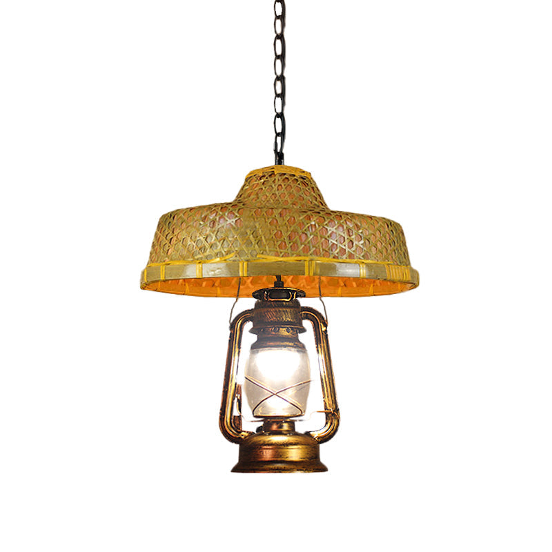 Rattan Hanging Pendant Lamp - South-East Asia Inspired Design With Beige Lantern Shade 15/16.5 Width