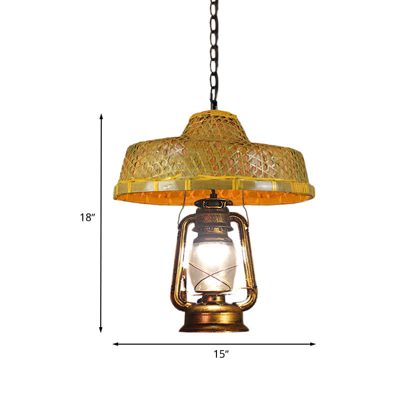 Rattan 1-Head Pendant Light with Lantern Shade | South-East Asia Hat Shaped | Indoor Hanging Lamp | Beige | 15"/16.5" Width