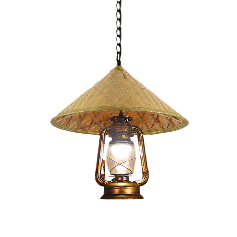 Rattan Hanging Pendant Lamp - South-East Asia Inspired Design With Beige Lantern Shade 15/16.5 Width