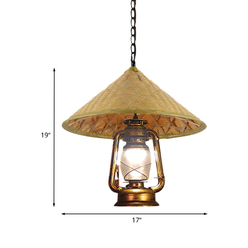 Rattan 1-Head Pendant Light with Lantern Shade | South-East Asia Hat Shaped | Indoor Hanging Lamp | Beige | 15"/16.5" Width