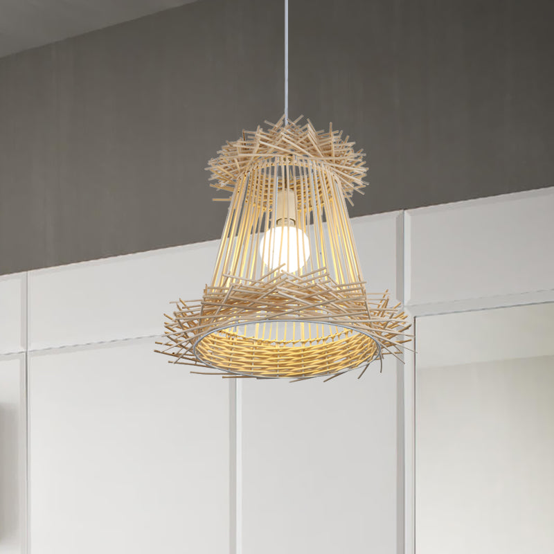 Japanese Rattan Cone Shade Pendant Lamp - Wood Hanging Light for Dining Room