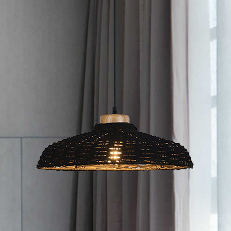Asian Style Rattan Pendant Lamp - Beige/Black Barn Shade Height Adjustable 1 Light 12.5/18 W