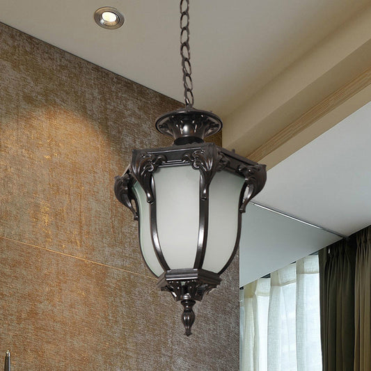 Acorn Hanging Pendant Lamp - 1 Light Black/Brass Finish Frosted White Glass Black
