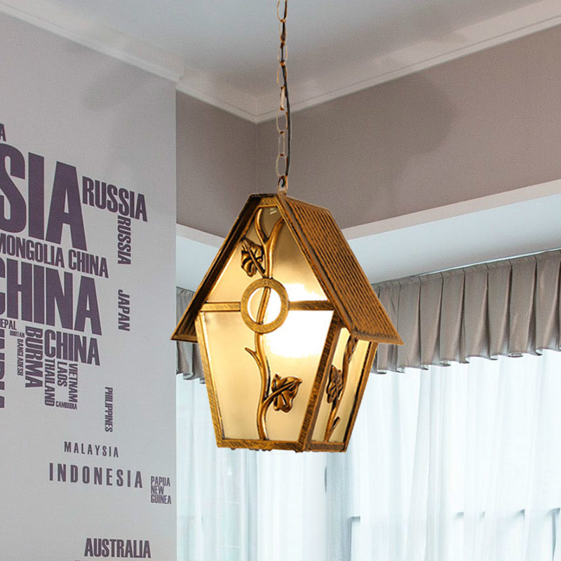 Country House Shape Hanging Light Kit With Aluminum Brass Finish 1-Bulb Ceiling Suspension Lamp And