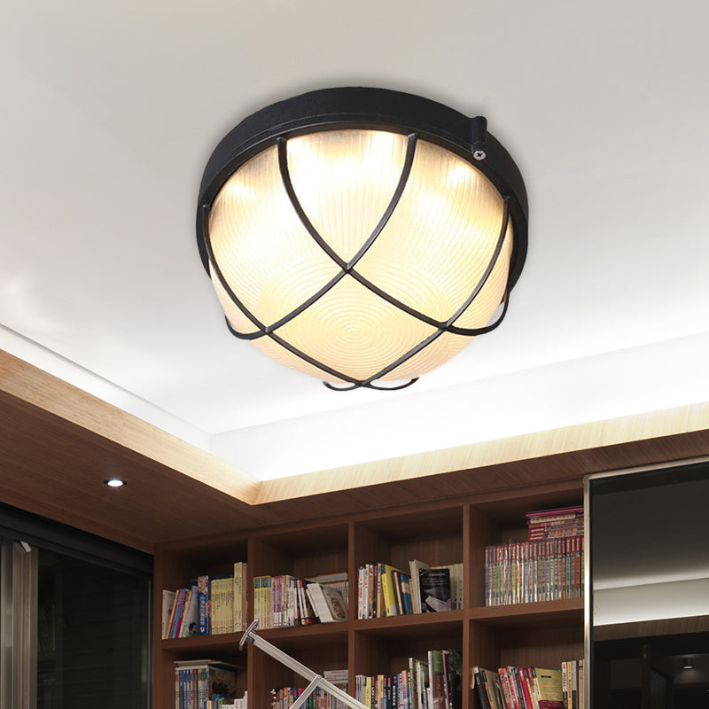 Farmhouse Flush Ceiling Lamp: 1-Light Dome Fixture, Frosted Glass, White/Black – Bedroom Lighting