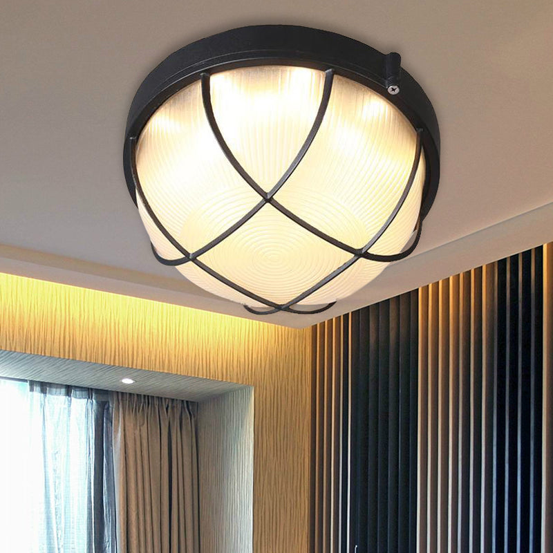 Farmhouse Flush Ceiling Lamp: 1-Light Dome Fixture, Frosted Glass, White/Black – Bedroom Lighting