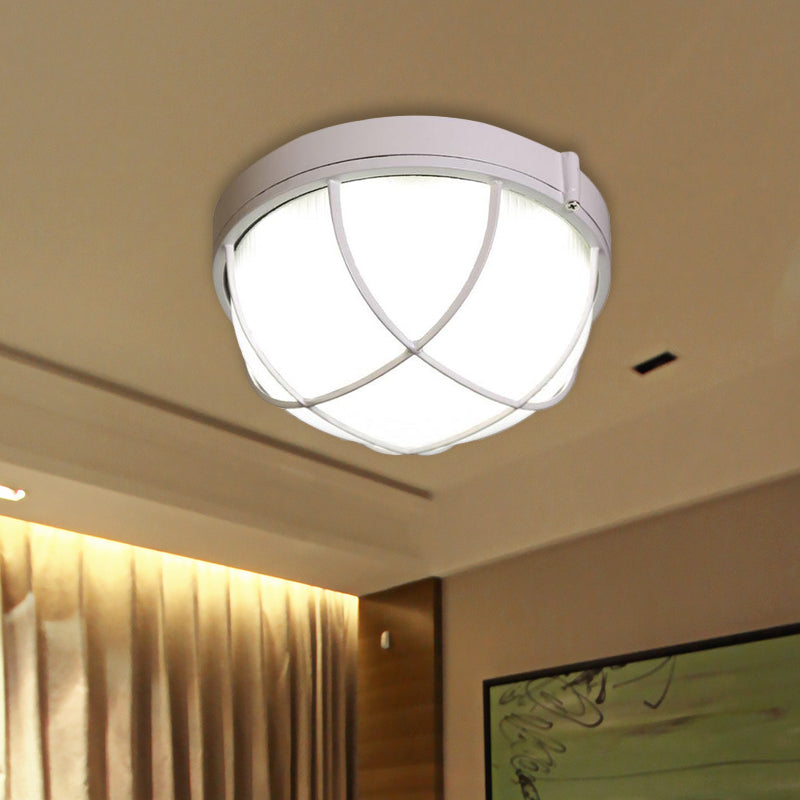 Farmhouse Flush Ceiling Lamp: 1-Light Dome Fixture, Frosted Glass, White/Black – Bedroom Lighting