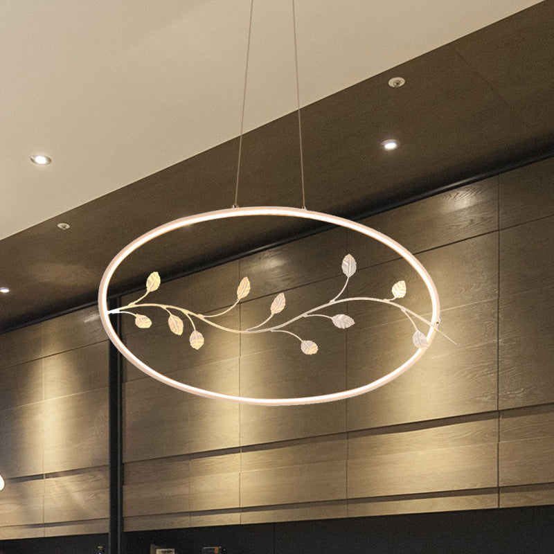 Contemporary Circle Pendant Light with Acrylic Shade & Branch Decor - White LED Ceiling Lamp for Dining Room in Warm/White Light