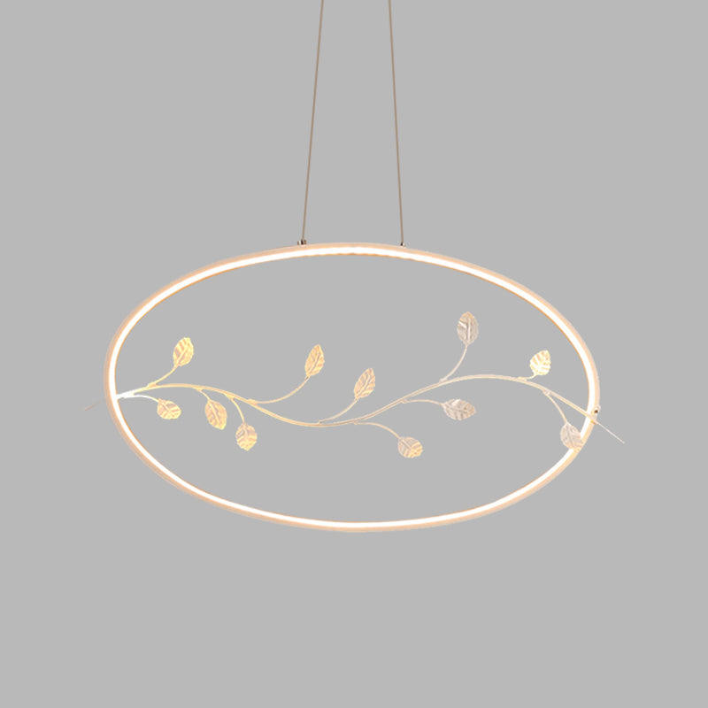Contemporary Circle Pendant Light with Acrylic Shade & Branch Decor - White LED Ceiling Lamp for Dining Room in Warm/White Light