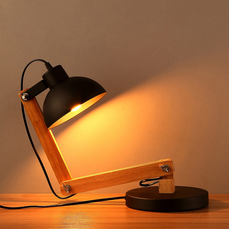 Loft Style Domed Desk Lamp - Metal With Wood Arm Adjustable Black/White 1-Light Reading Light For