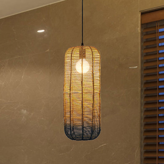 Contemporary Beige And Blue Curved/Elongated Pendant Light - Hemp Rope 1-Light 6.5/8.5/14 Wide Ideal
